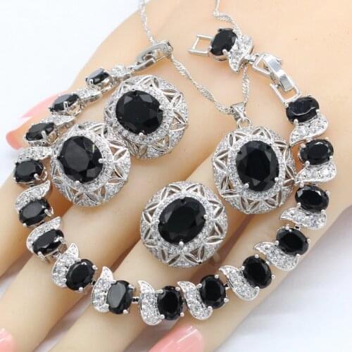 New Arrival Silver Color Jewelry Sets For Women Black Semi-precious Necklace Pendant Earrings Ring Bracelet Christmas Gift