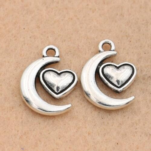 Antique Silver Plated Moon Heart Charms Pendant Bracelet Necklace Jewelry Making DIY Handmade 17x12mm