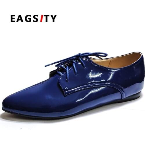 EAGSITY Derby shoes women flats lace up pointed toe lace up oxford shoes height increasing blue