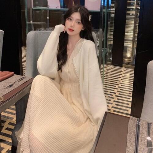 Japanese Sweet llolita dress Pleat and Waisted Dress Womens Heavy Work Pearl Edge Knitted Sweater Coat Autumn and Winter Set