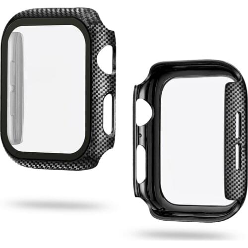 Carbon Fiber Screen Protector Cover for Apple Watch SE Case Series 6 5 4 3 Bumper with Tempered Glass Film 40mm 44mm 38mm 42mm