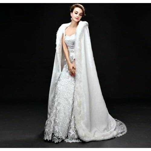 Bridal Womens Faux Fur Cathedral Length Wedding Cape Hooded Cloak Bridal Shawl Christmas Party Wrap Coat Shawl Cloak