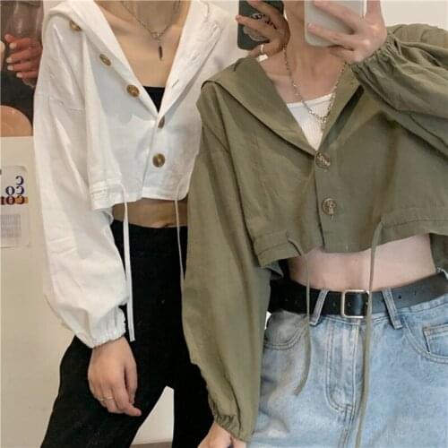 Women Korean Hooded Jackets Drawstring Loose Tops Casual Long Sleeve Cardigan Short Coats One Size
