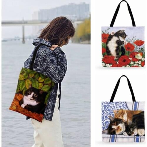 Women Casual Tote Xmas Pastoral Cat Oil Painting Print Tote Bags Ladies Shoulder Bags Fashion Shopping Bags Outdoor Beach Bag