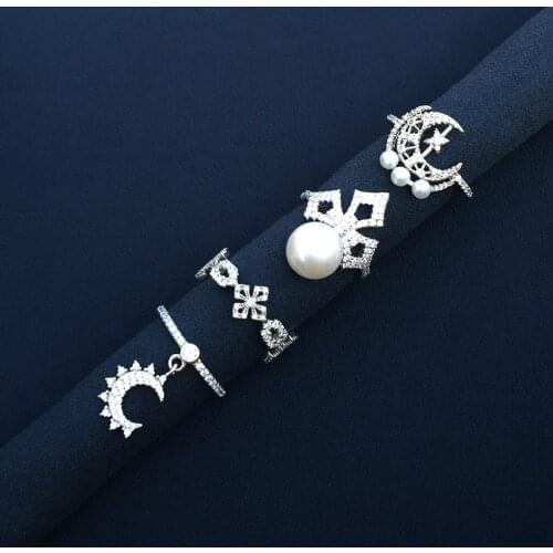 Top Quality Fashion Pave AAA+ Zircon Stone Pearl Cute Cross Star Charms Sterling Silver Ring For Women Finger Knuckle Jewelry