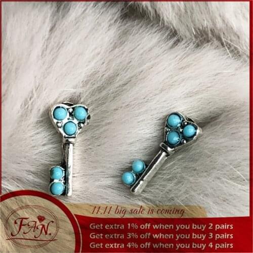 2020-2021 Trend Lovely Girl Lady Silver Color Metal and Blue Stone Key Style Stud Earrings on Sale for Daily Party Date