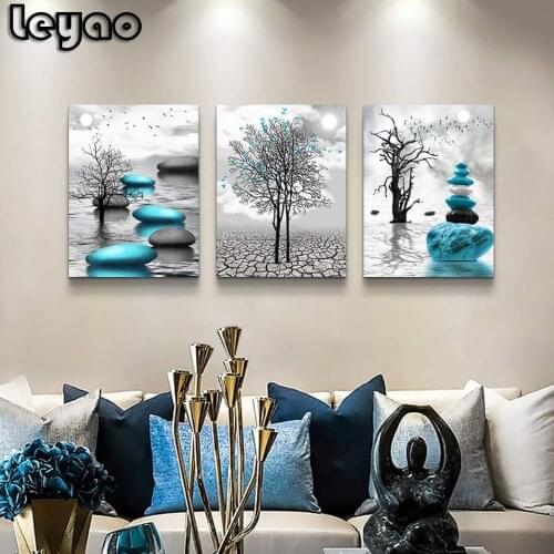 Blue Stone Abstract Tree Diamond Painting Full Square Round Diamond Embroidery Triptych Scenery Rhinestone Mosaic Manual Hobby