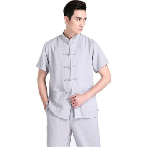Free Shipping Chinese Traditional Kung Fu Tops Short Sleeve Tang Suit Clothing For Men Cotton Blend Shirt / Grey