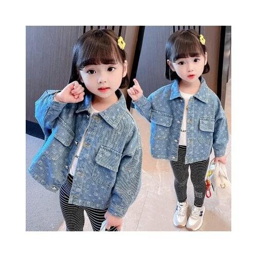 Childrens Girls Jacket 2021 Autumn New Korean Jacket Girls Cartoon Print Denim Coats Baby Girls Fashion Turn Down Jackets 2-7Y