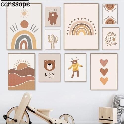 Nursery Wall Art Canvas Painting Bear Poster Cactus Print Alphabet Postes Rainbow Prints Boho Wall Pictures Baby Kids Room Decor