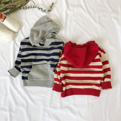 DFXD 1-5Years Kids Sweaters Spring Casual Hooded Children Clothes Boys Girls Striped Knitwear Cotton Pullover Sweater Outfits