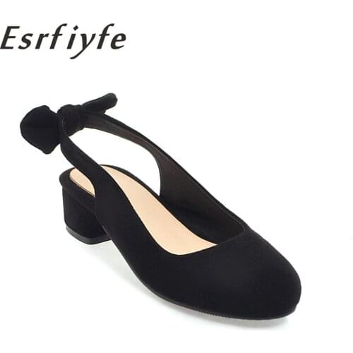 ESRFIYFE 2019 New Arrive Flock Womens Pumps Spring Summer Thick Heel Round Toe Shoes Woman Sweet Style Party Shoes Footwear