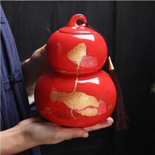Ceramic Kiln Glazed Gourd Tea Caddy Medium Large Pu'er Flower Red Green Tea Leaf Canister Hand Painted Lotus Sealed Can
