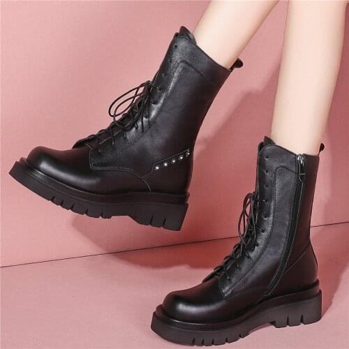 Fashion Sneakers Women Lace Up Cow Leather High Heel Ankle Boots Female High Top Round Toe Platform Oxfords Shoes Casual Shoes