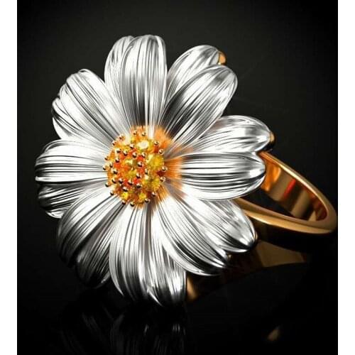 Fashion Hot Sale Two-Tone Small Daisy Sunflower Rings For Women Cute Party Wedding Jewelry 2021Ring Accessories Size 6-10