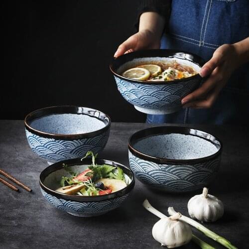 Sea Ripple Japanese Ceramic Rice Bowl Ramen Bowl Salad Noodle Soup Bowl Restaurant Kitchen Tableware Home Decor