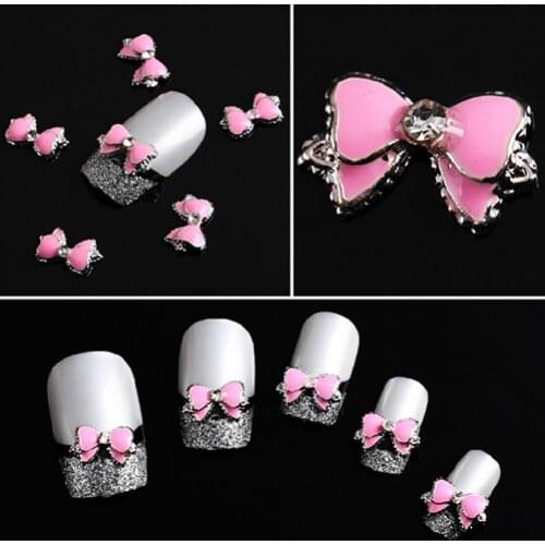 10Pcs 3D Pink Alloy Rhinestone Bow Tie Butterfly Nail Art Decoration Stickers DIY Nail Art Decal DIY Tips Beauty Manicure Tool