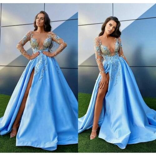 2020 New Evening Dresses Long Sleeves Lace Appliques High Split Prom Gowns Custom Made Sweep Train A Line Special Occasion Dress