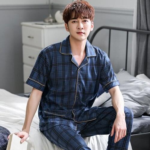 Men Sleepwear Plus Size 3XL Mens Nightwear Summer Cotton Mens Pajamas Set Short Tops+Long Pants Two Pieces Suit Male Pyjamas