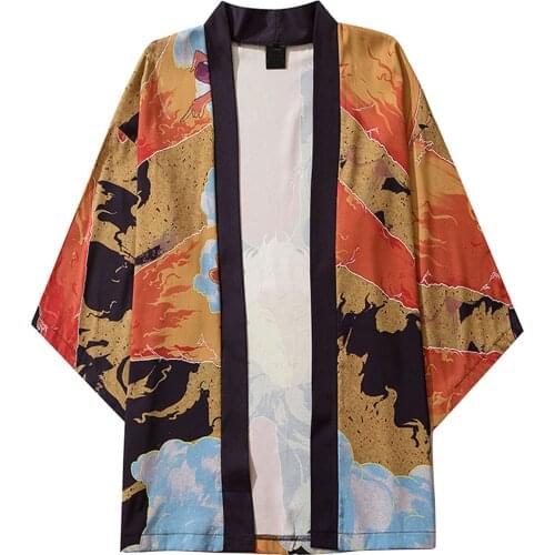 Casual Loose Kimono Shirts Men Open Front 3/4 Sleeve Japanese Kimono Anime Print Cover Up Cardigan Vintage Clothes Mens Camisas