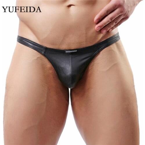 YUFEIDA Brand Sexy Mens Underwear PU Leather Bulge Pouch Men Thongs G-string T-back Underpants Low Rise Sissy Panties Costume
