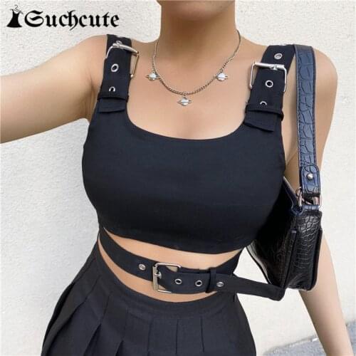 SUCHCUTE Gothic Punk Style Buckle 90s Crop Tops Streetwear Dark Academia Fashion Fitness Black Womens Tank Tops 2021 Summer