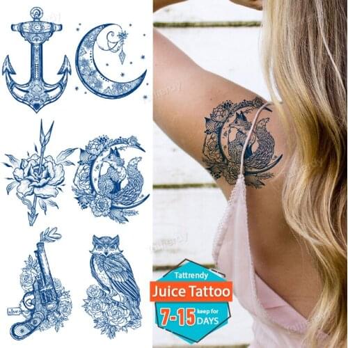 Natural Juice Ink Tattoo Sticker Long Lasting Blue Moon Fox Owl Gun Rose Flower Tattoo Hand Sleeve Arm Small Temporary Tattoos