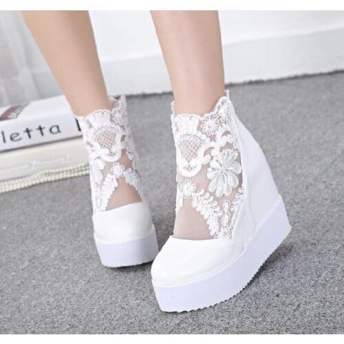 Black Hollow high heel Fashion Sweet Lace Roman Shoes Women Wedge Heels White Platform Pumps High Heels Non-slip thick bottom
