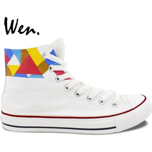 Wen Original Hand Painted Shoes Design Custom Geometric Pattern Men Womens High Top White Canvas Sneakers