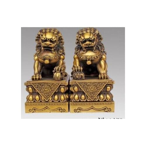 Xd 003428 Large Pair Bronze Chinese Lion Foo Dog Statue Figure Sculpture Black yellow10"H
