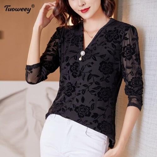 Blouses Women 2021 Long Sleeve floral Shirt v-neck hollow out Lady Office Shirt Autumn Blouse Top Blusas Mujer Plus Size