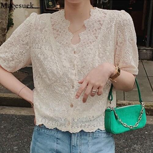 Korean Short Sleeve Summer Lace Blouse Women Hollow Fashion Floral Loose Ladies Shirt V-neck Sweet Apricot Tops Blusas 13920