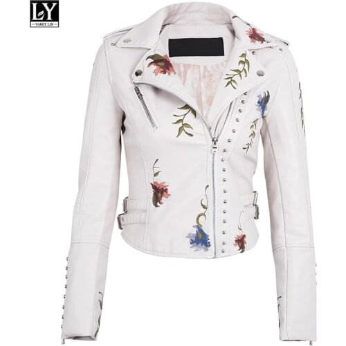 LY VAREY LIN Faux Soft Leather Jacket Women Embroidery Floral Faux Leather Jacket Pu Motorcycle Epaulet Zipper Punk Outerwear