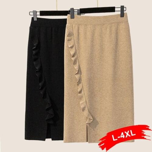 Ruffled Plus Women Size Knitted 5XL High Waist Pencil Skirts Autumn Winter Thick Warm Sweater Midi Skirt Jupe Femme Faldas