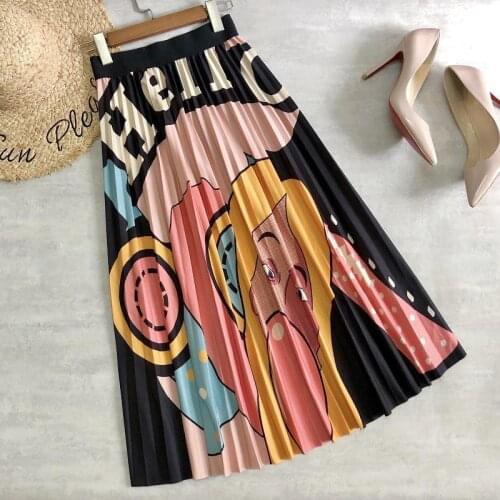 2020 Autumn&Winter New Women High Waist Graffiti Big Skirt A-line Long Skirt Casual Pleated Skirt All-match Skirts Free Shipping
