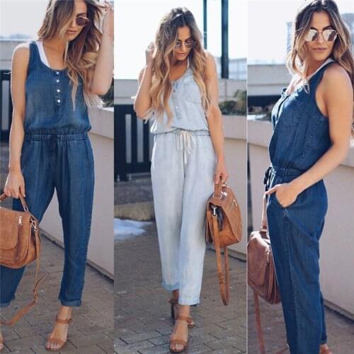 2018 New Women Summer Solid Sleeveless Denim Jumpsuit Long Trousers Clubwear Blue Casual Fashion Rompers Trousers Overalls