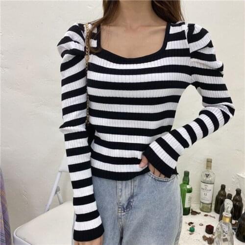 2020 Korean Style Puff Sleeve Womens Sweaters Winter Fahion Square Collar Long Sleeve Slim Bottoming Pullovers Tops Femme