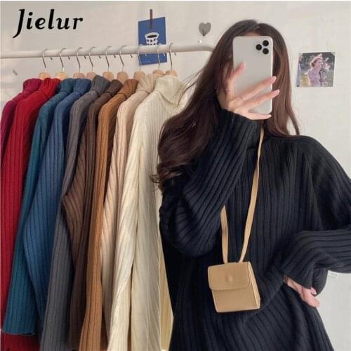 Jielur Turtleneck Sweater Women 10 Colors Pullover 2021 Autumn Winter Casual Beige Black Jumper Loose Knit Long Sweaters Female