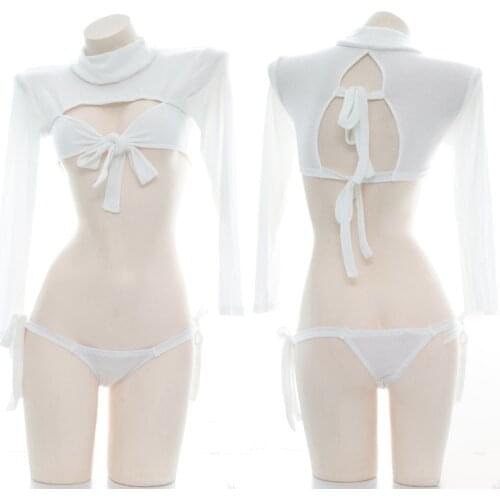 Lolita Open Chest Knitted Sweater UltraShort High Collar Pullover Knitwear Sexy Womens Virgin Killer White Bandage Pajamas Set