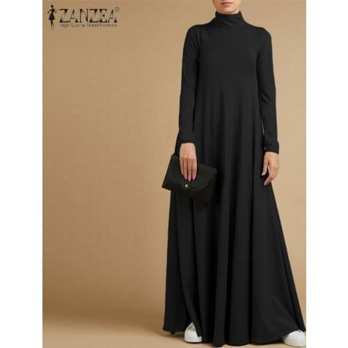 ZANZEA Women Autumn Fashion Maxi Long Dress Elegant Solid Casual Sundress Robe Turtleneck Long Sleeve Kaftan Party Vestidos
