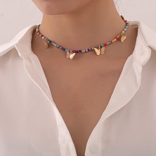 Colorful Seed Beads Gold Butterfly Penadant Women Necklace Design Butterfly Pendant Beads Choker Necklace for Women Girls Gift