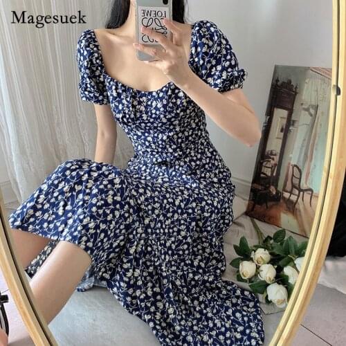 Vintage Square Collar Womens Dresses Spring Summer Dress Print Floral Slim Ruffled Chiffon Dresess Fashion Long Dress 14581