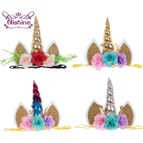 1 PCS Colorful Artificial Flowers Unicorn Horn Infant Headband Fashion Handmade Floral Elastic Hairband DIY Party Decoration