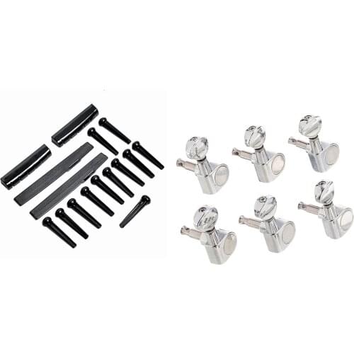 22Pcs Guitar Parts: 6Pcs 6R Guitar Tuning Pegs Tuners Machine Heads for Fender Replacement & 16Pcs/2Set Acoustic Guitar Bridge P