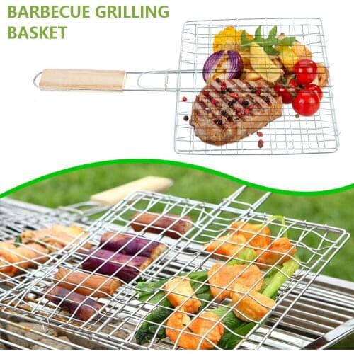 Stainless Steel Barbecue Grilling Basket BBQ Net Wooden Handle Meat Fish Clip Holder Outdoor Bbq Grilling Net Gr BBQ Rack Tool