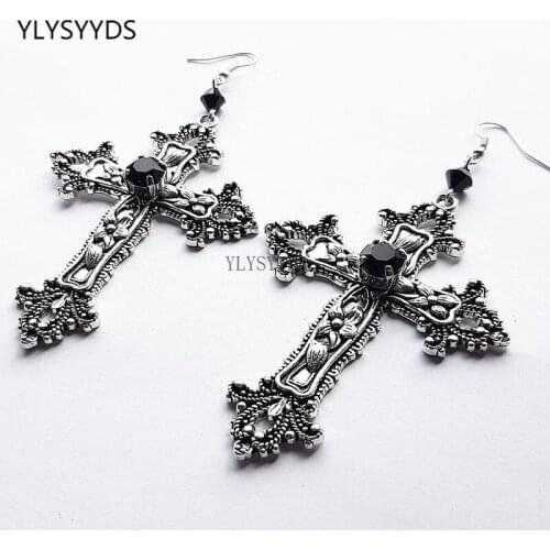 Gothic Goth Large Detailed Cross Black Drill Jewel Earrings Halloween Punk Jewellery Fashion Gorgeous Statement Women Gift Trend
