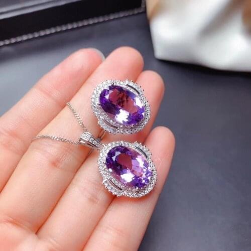 2020 new fashion Amethyst gemstone ring and necklace for women jewelry set real 925 silver natural gem 10x14mm size birthstone