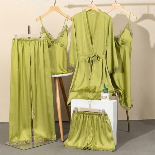 Solid 5PCS Women Pajamas Set Satin Sleepwear Loose Kimono Bathrobe Gown Soft Intimate Lingerie Home Clothes With Chest Pads