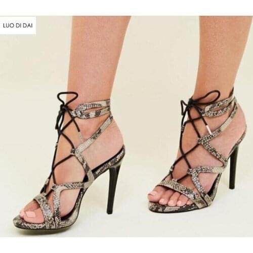 2020 fashion women snakeskin print leather sandals party shoes lace up sandals open toe gladiator sandals cuts out high heels