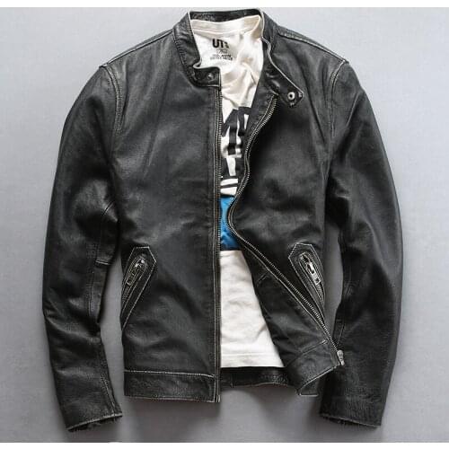 2019 New Men Vintage Gary Genuine Leather Jacket Classic style Stand Collar Cowhide Riding Jackets Free Shipping